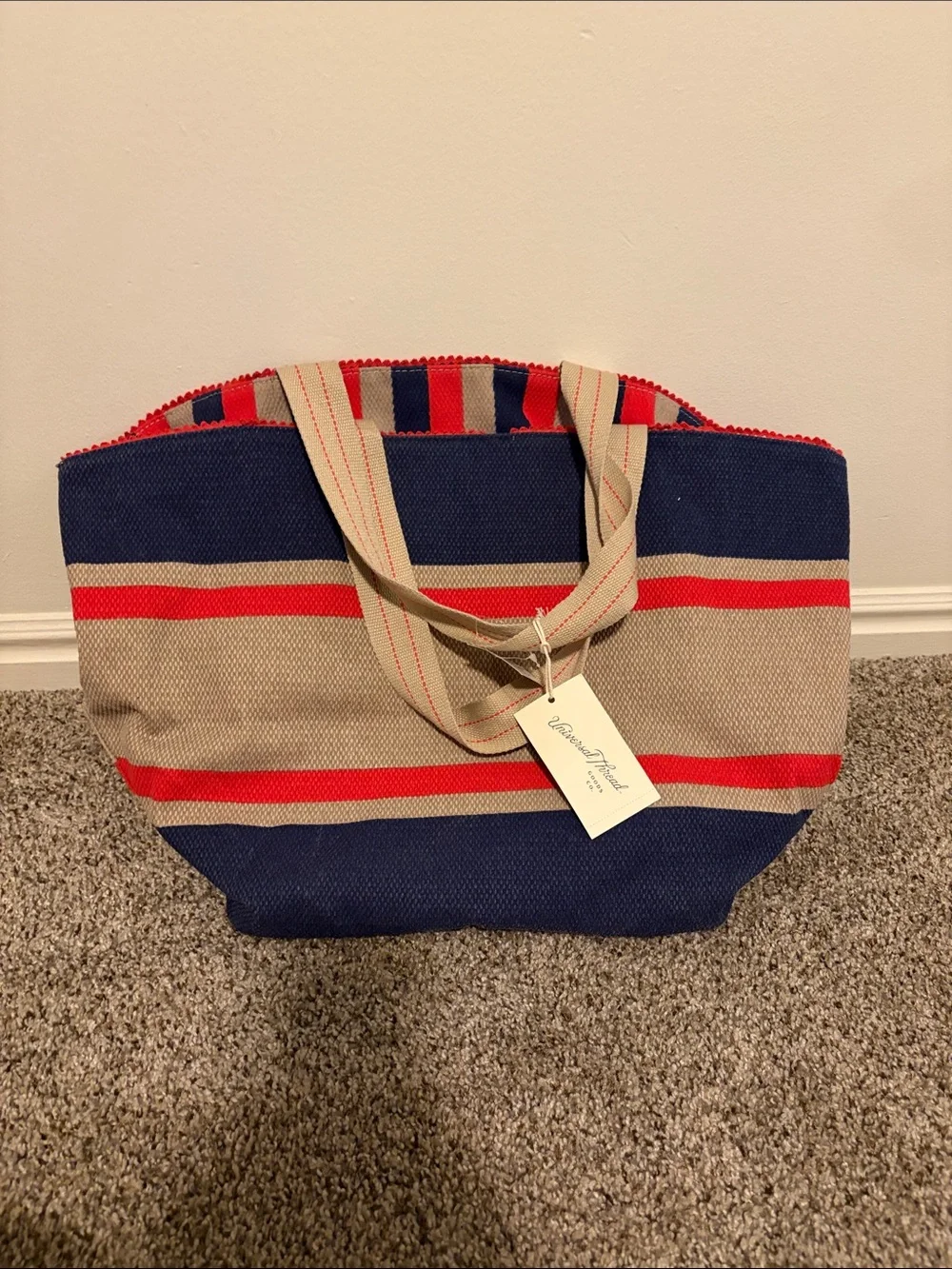 Universal Thread Reversible Navy, Red & Beige Striped Canvas Tote